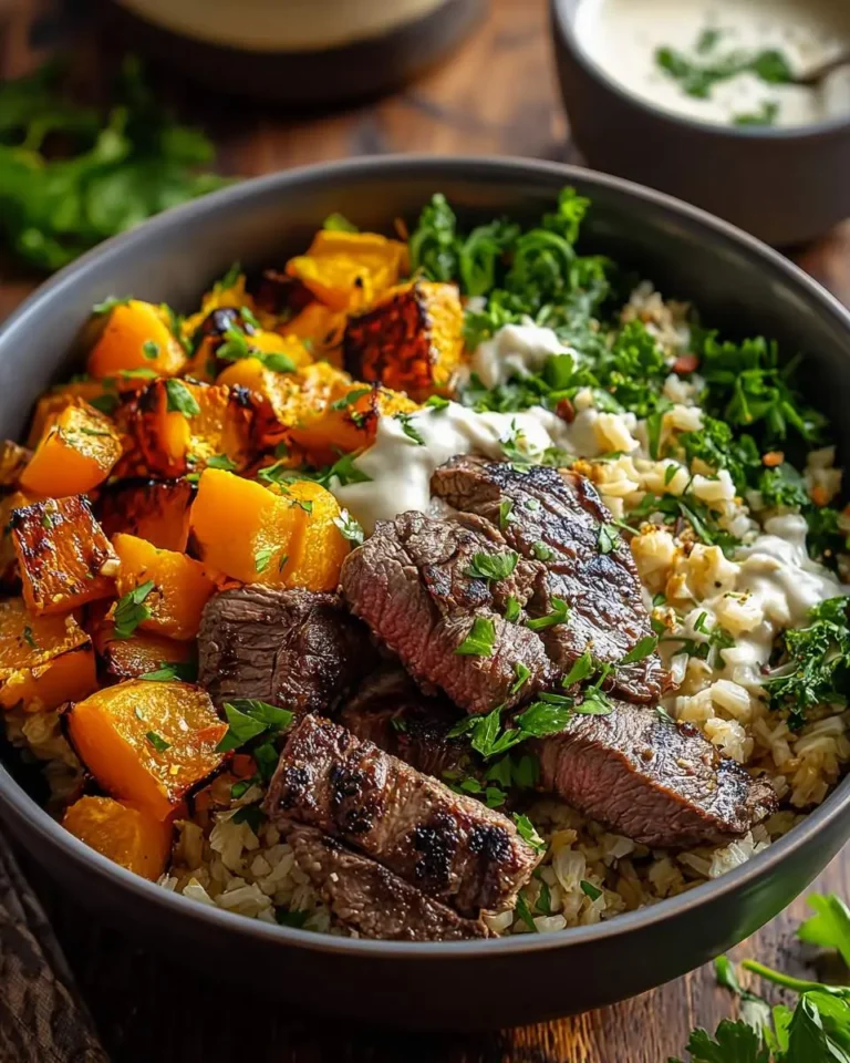 Close-up of delicious Butternut Squash Steak Bowls featuring grilled steak, roasted squash, rice, fresh herbs, and creamy sauce.
