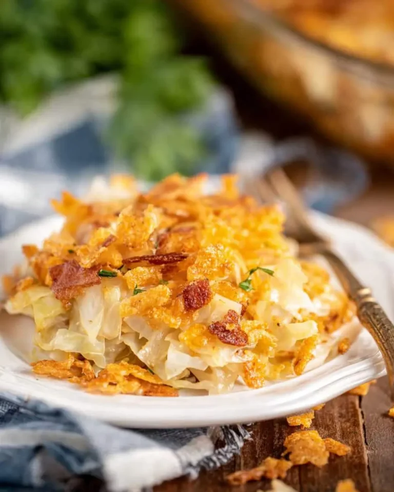 A close-up of a serving of Cabbage Casserole with Ritz Crackers, featuring tender cabbage, crispy bacon, and golden cracker topping on a white plate.