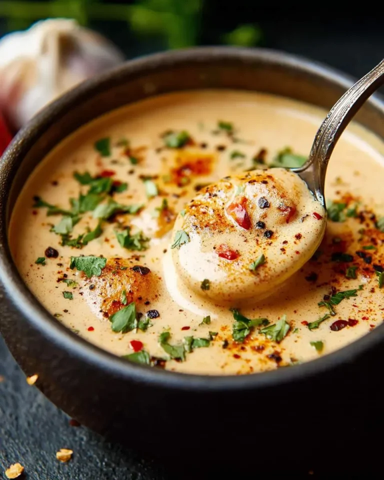 A spoon scoops creamy Cajun Cream Sauce, richly garnished with fresh herbs and red pepper flakes, from a black bowl.