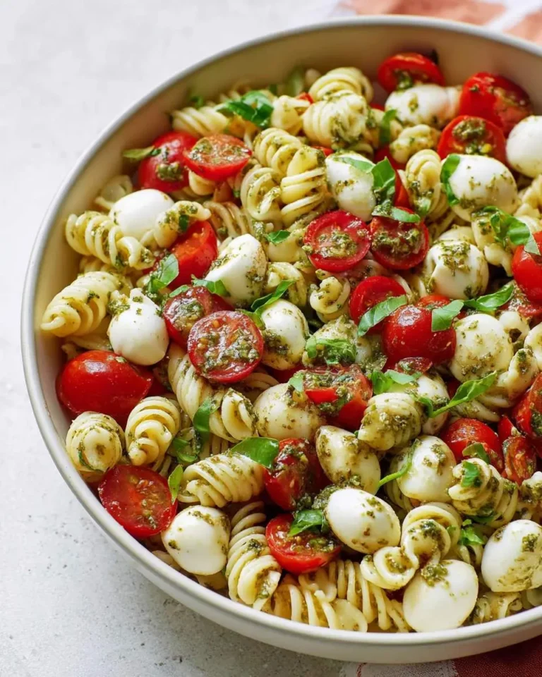 A vibrant Caprese Pasta Salad in a white bowl, featuring spiral pasta, halved cherry tomatoes, mini mozzarella, and pesto.