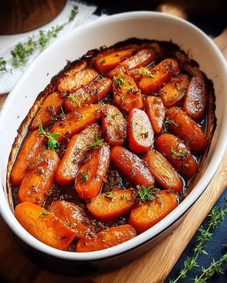 A white oval baking dish is filled with glossy, golden-orange caramelized carrots, glistening with sauce and garnished with fresh thyme sprigs.