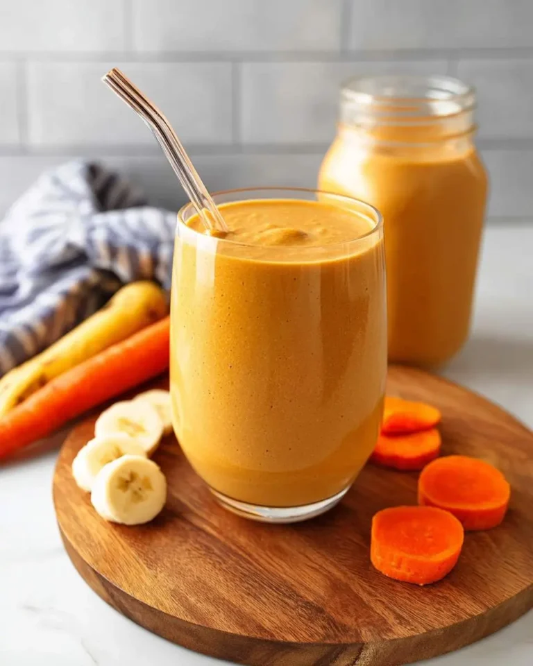 A vibrant orange carrot banana smoothie in a glass with a straw, surrounded by sliced bananas and carrots on a wooden board.