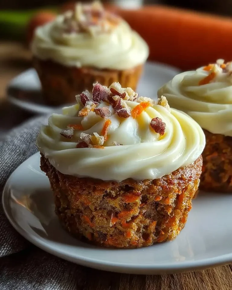 Three delicious Carrot Cake Cupcakes with Cream Cheese Frosting, topped with chopped nuts and carrot zest, on white plates.