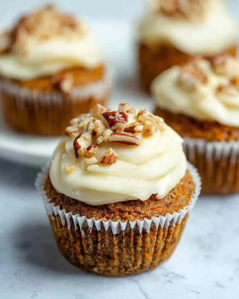 A close-up of a moist Carrot Cake Cupcake with Walnuts, generously topped with a swirl of creamy white frosting.