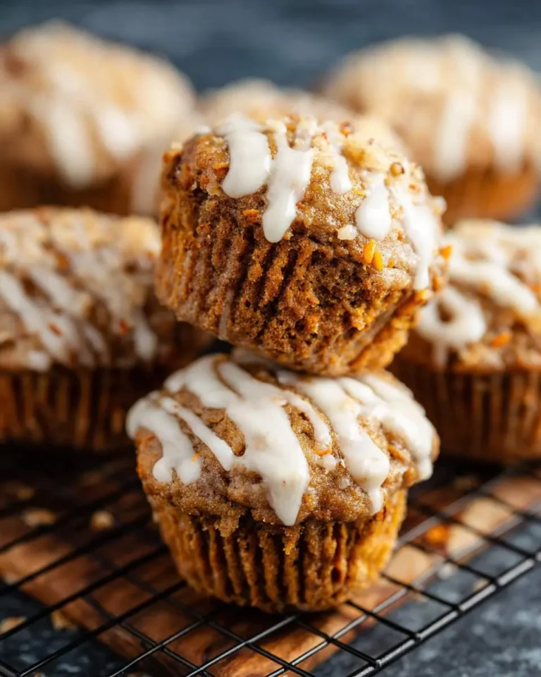 A close-up shot of two delicious carrot cake muffins stacked on a cooling rack, generously drizzled with white cream cheese frosting.