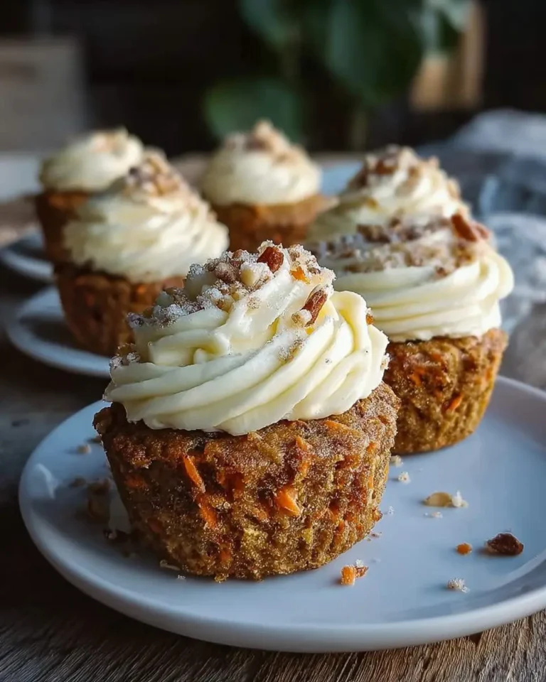 Delicious carrot cupcakes with creamy white frosting and a sprinkle of nuts, presented beautifully on a white plate.