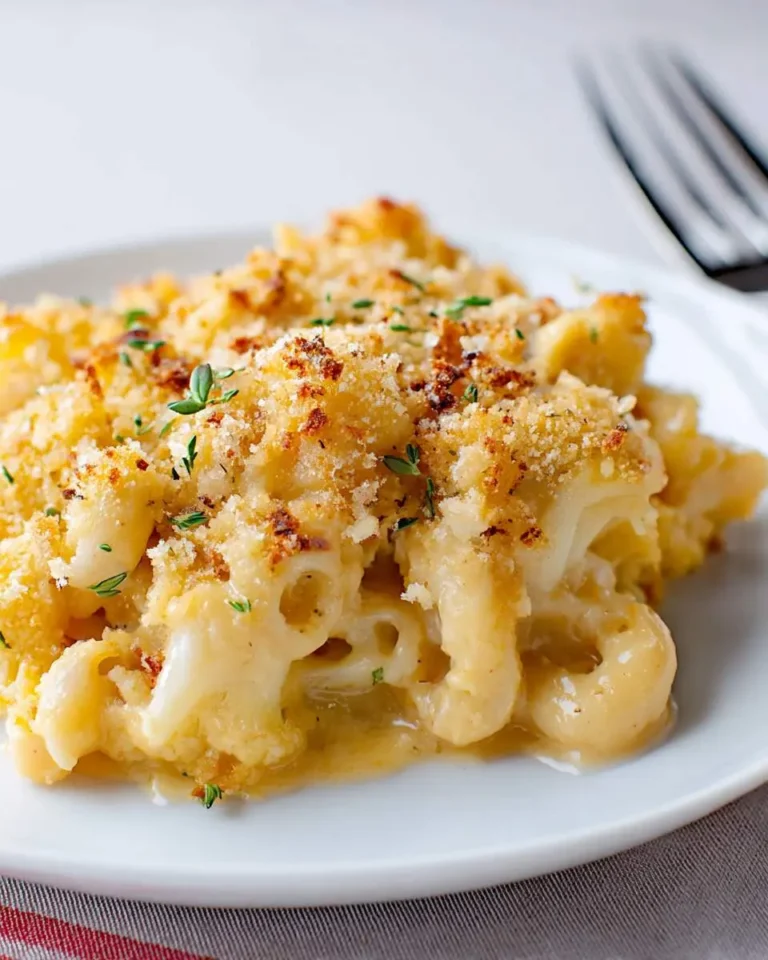A close-up of baked cauliflower mac and cheese on a white plate, topped with golden breadcrumbs and fresh thyme.