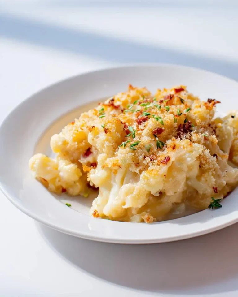 A close-up of baked cauliflower mac and cheese, topped with golden breadcrumbs and fresh thyme, served on a white plate.