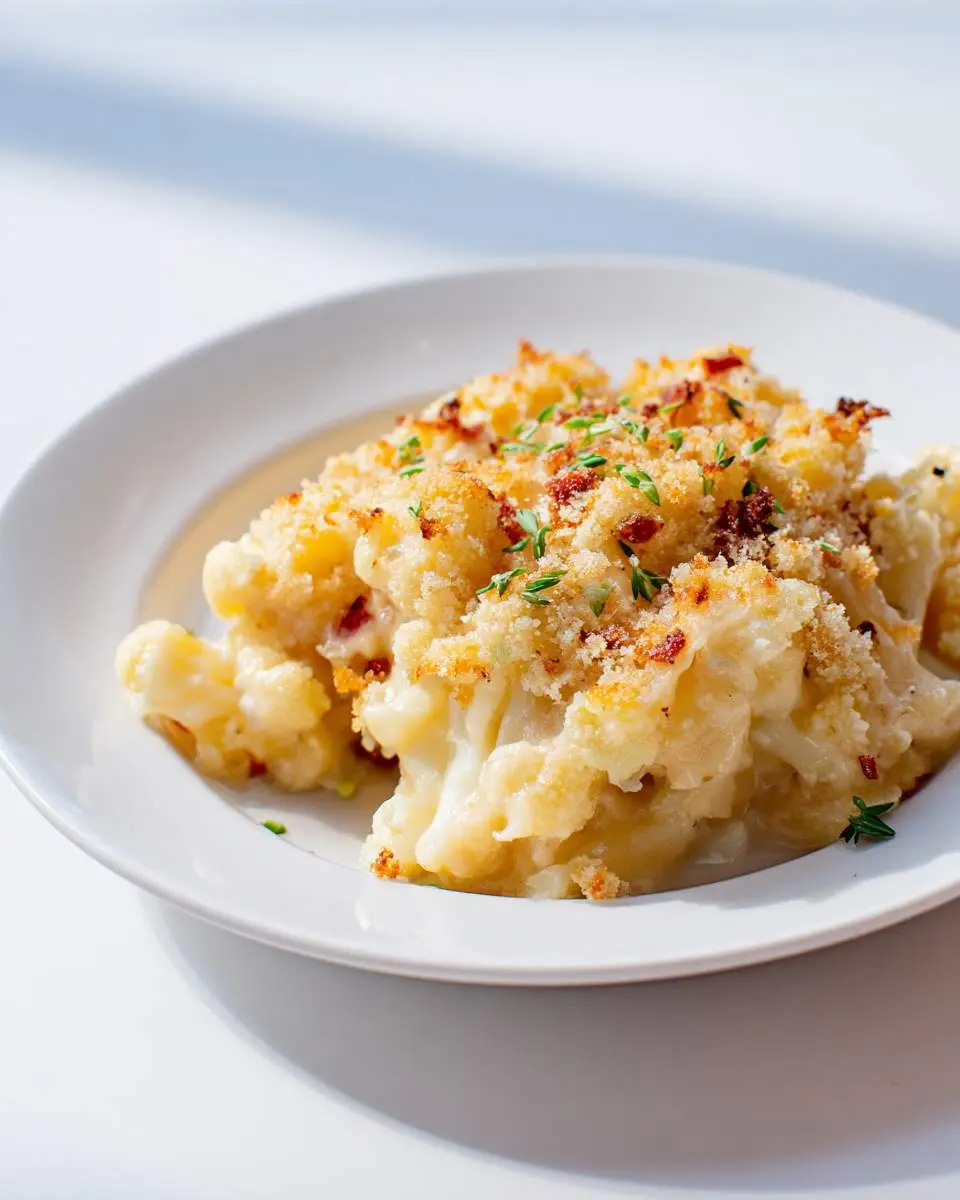 A close-up of baked cauliflower mac and cheese, topped with golden breadcrumbs and fresh thyme, served on a white plate.
