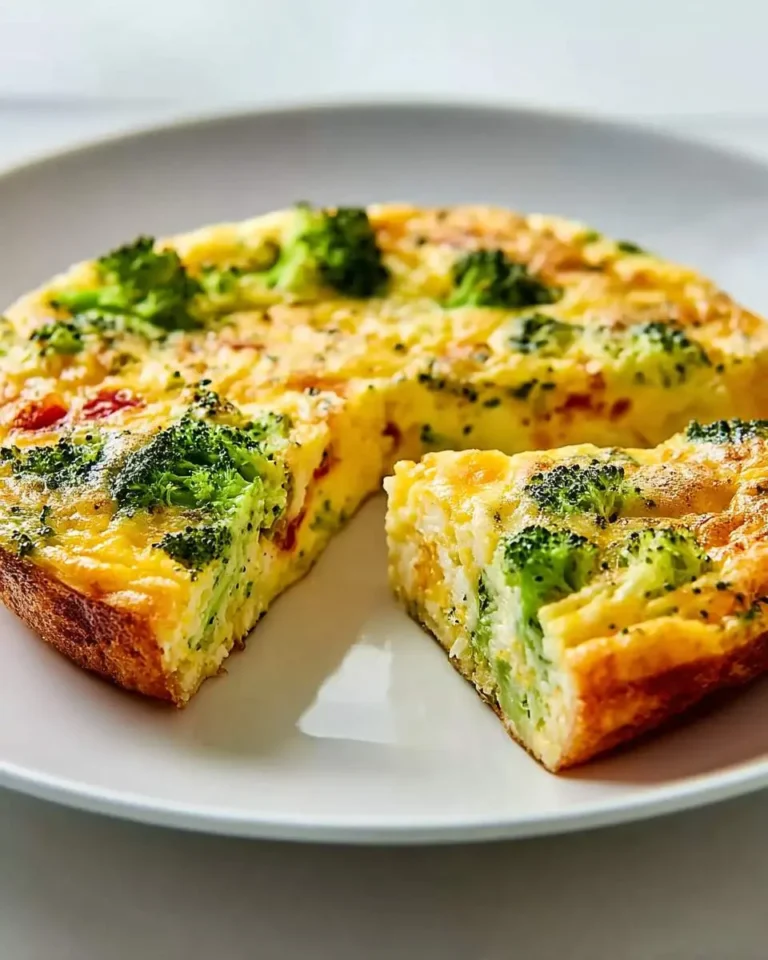 A delicious Cheesy Broccoli Frittata, round and golden, with a slice cut out, showcasing green broccoli florets and a fluffy texture.
