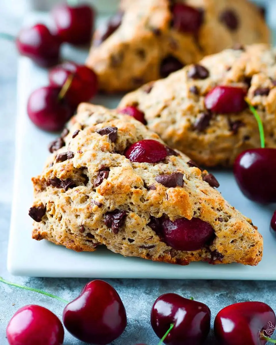 A close-up shot of several golden-baked cherry chocolate chip scones on a white serving dish, garnished with fresh, red cherries.