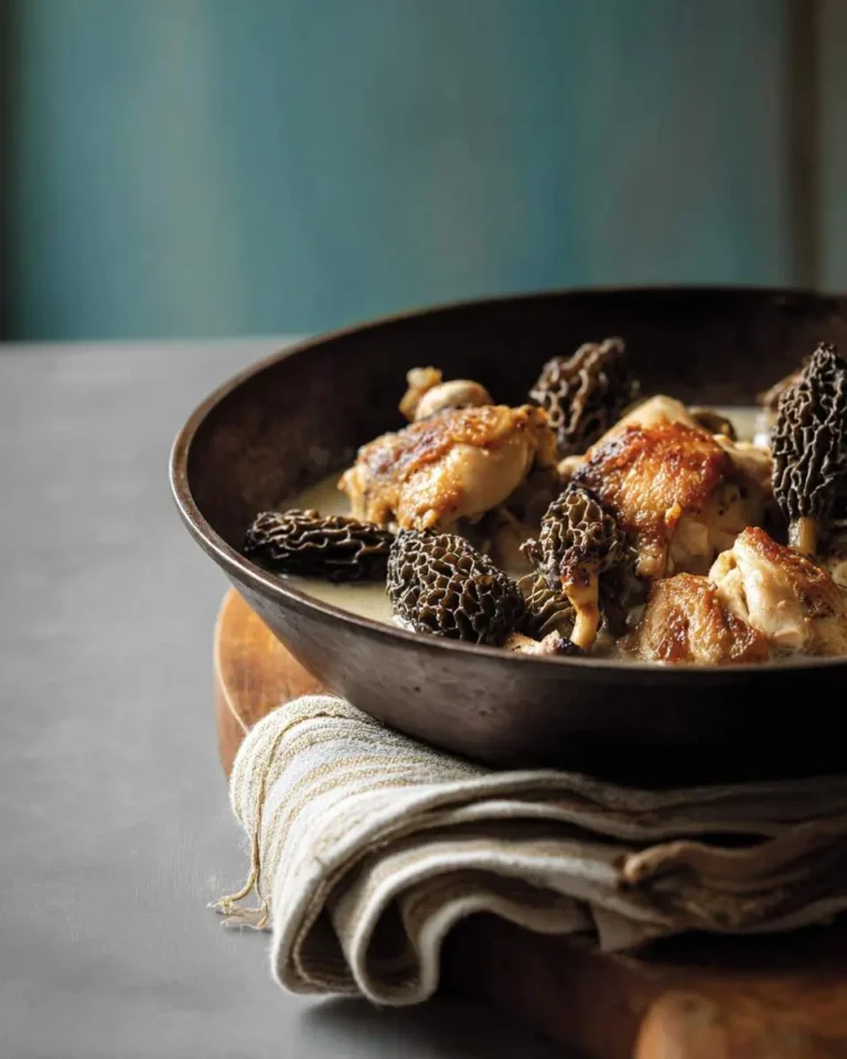 A rustic brown bowl filled with golden-brown chicken pieces and textured morel mushrooms in a creamy sauce.