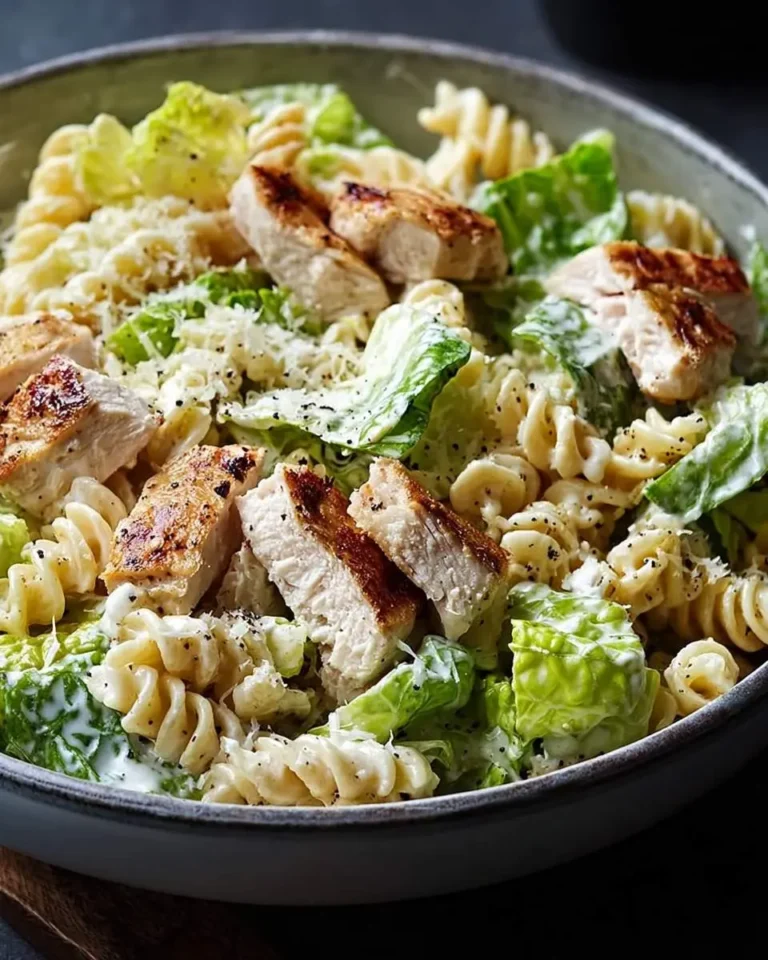 A vibrant bowl of Chicken Caesar Pasta Salad, showcasing grilled chicken, fusilli pasta, fresh romaine, grated Parmesan, and creamy dressing.