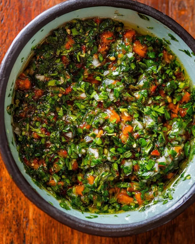 A vibrant bowl of fresh homemade Chimichurri Sauce, rich with finely chopped herbs, red peppers, and white onions in oil.