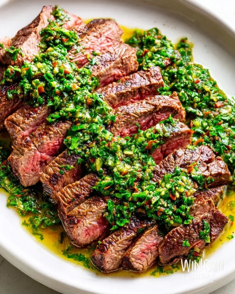 Slices of perfectly cooked chimichurri steak, vibrant green sauce generously drizzled over medium-rare beef on a white plate.