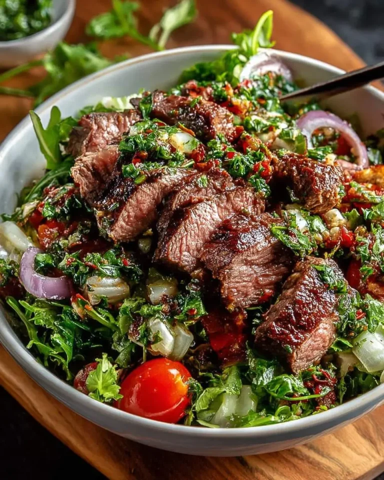 A vibrant Chimichurri Steak Salad Bowl with grilled steak, fresh greens, red onion, cherry tomatoes, and a generous chimichurri topping.