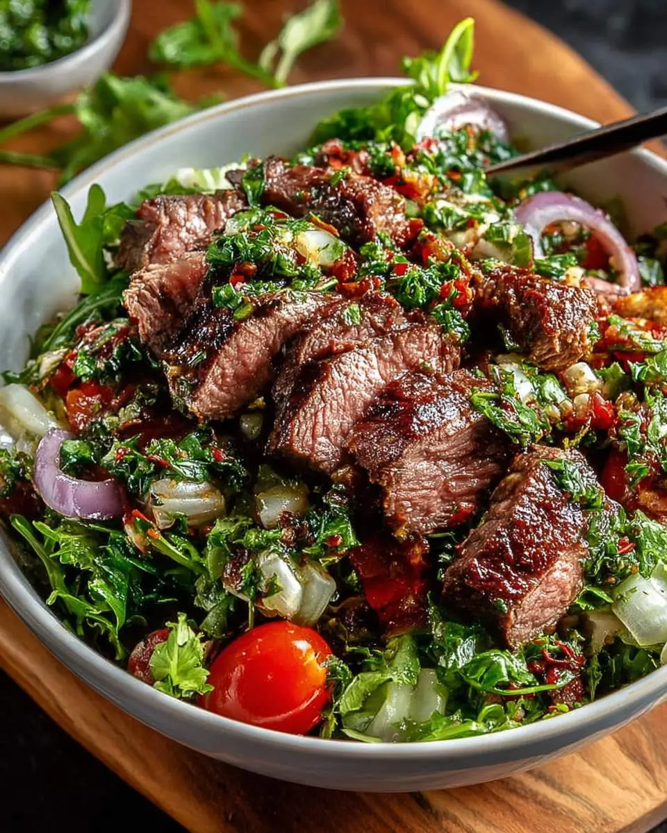 A vibrant Chimichurri Steak Salad Bowl with grilled steak, fresh greens, red onion, cherry tomatoes, and a generous chimichurri topping.