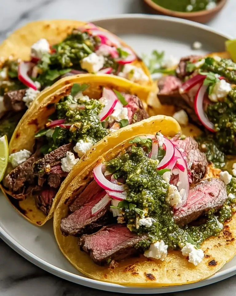 Close-up of several delicious chimichurri steak tacos topped with red onion, crumbled cheese, and lime wedges on a white plate.