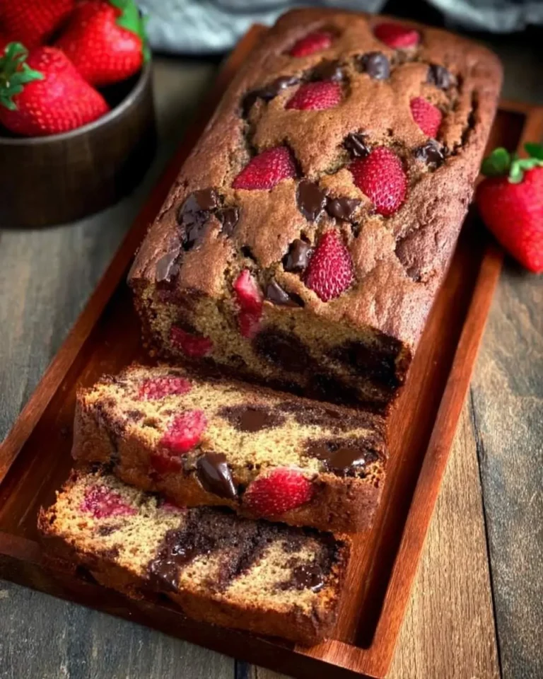 A delicious sliced loaf of Chocolate Chunk Strawberry Banana Bread sits on a wooden tray, surrounded by fresh red strawberries.