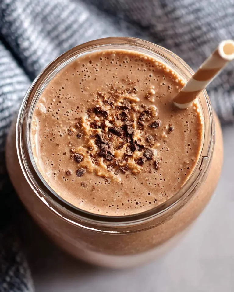 Overhead view of a creamy Chocolate Peanut Butter Protein Smoothie in a glass, topped with chocolate chips, and a striped straw.