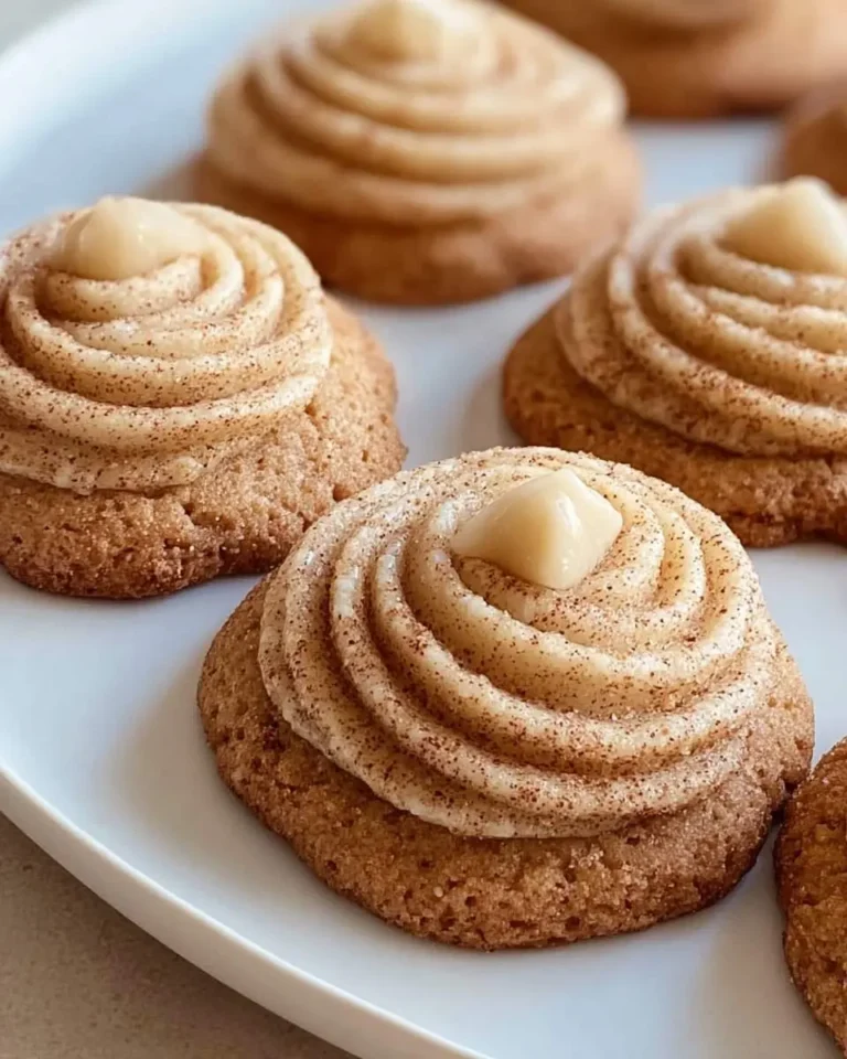 Close-up of several delicious churro cookies with swirled cinnamon-sugar frosting and a central dollop on a white plate.