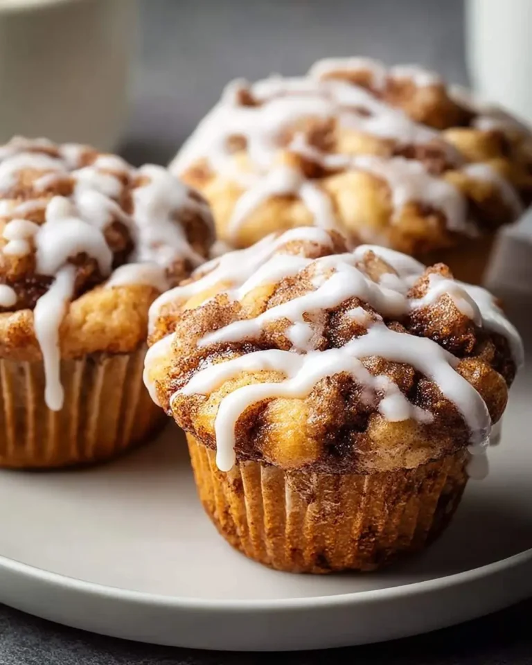 Three freshly baked Cinnamon Roll Muffins, generously swirled with cinnamon sugar and drizzled with a sweet white glaze, on a white plate.