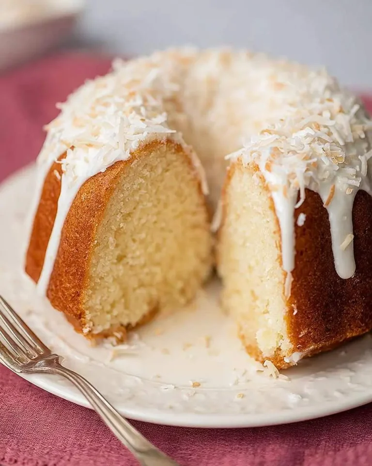 A sliced Coconut Bundt Cake with Coconut Glaze Filling, drizzled with white icing and topped with toasted coconut flakes, served on a white plate.