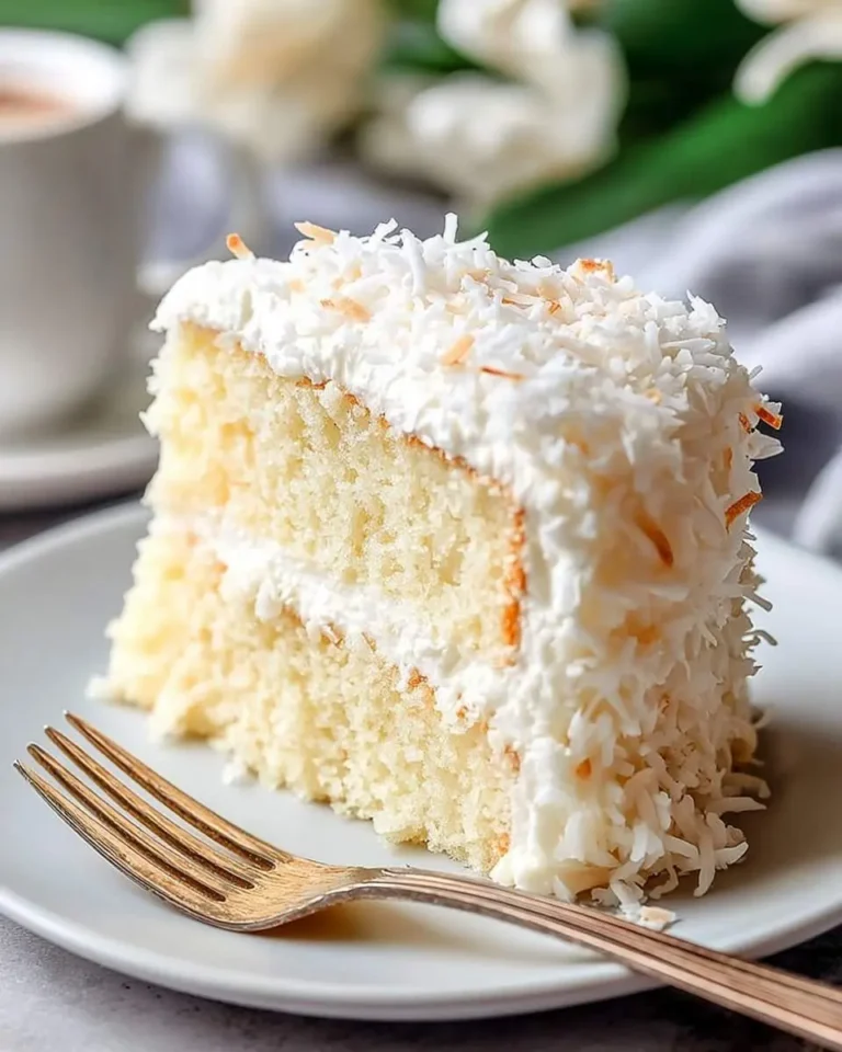 A tempting slice of fluffy coconut cake, frosted and generously covered with shredded coconut, served on a white plate with a gold fork.