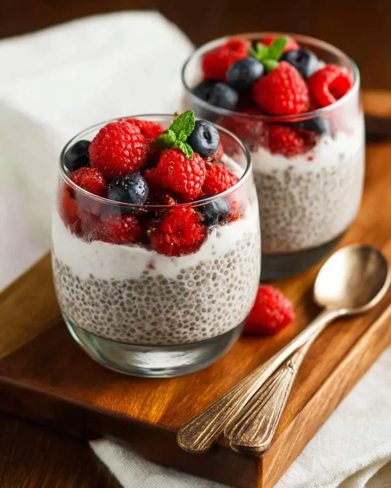 Two glasses of creamy coconut chia pudding layered with fresh raspberries and blueberries, garnished with mint, on a wooden board.
