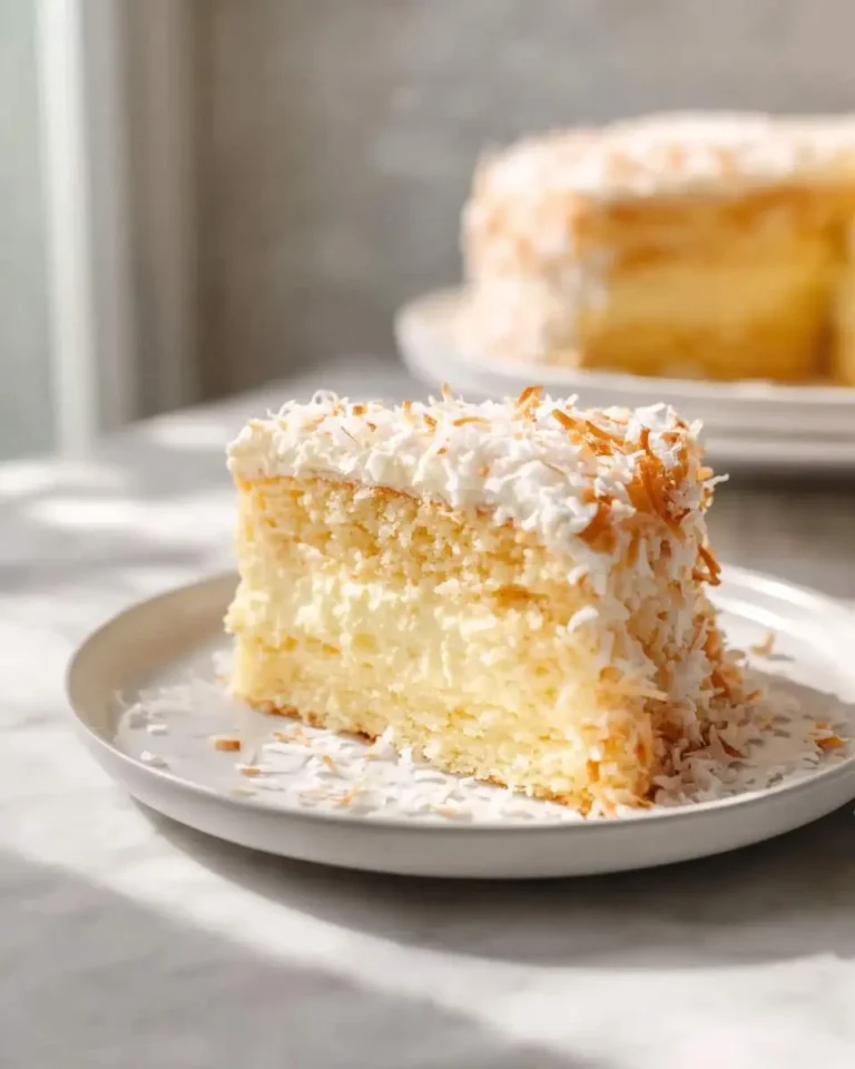 A close-up of a delicious slice of Coconut Custard Cake on a white plate, topped with creamy frosting and toasted coconut flakes.