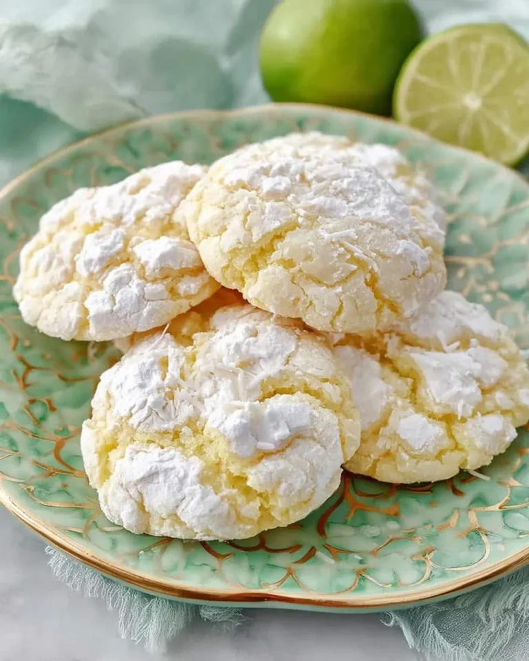 Several Coconut Key Lime Crinkle Cookies, dusted with powdered sugar and shredded coconut, on a green plate with limes.