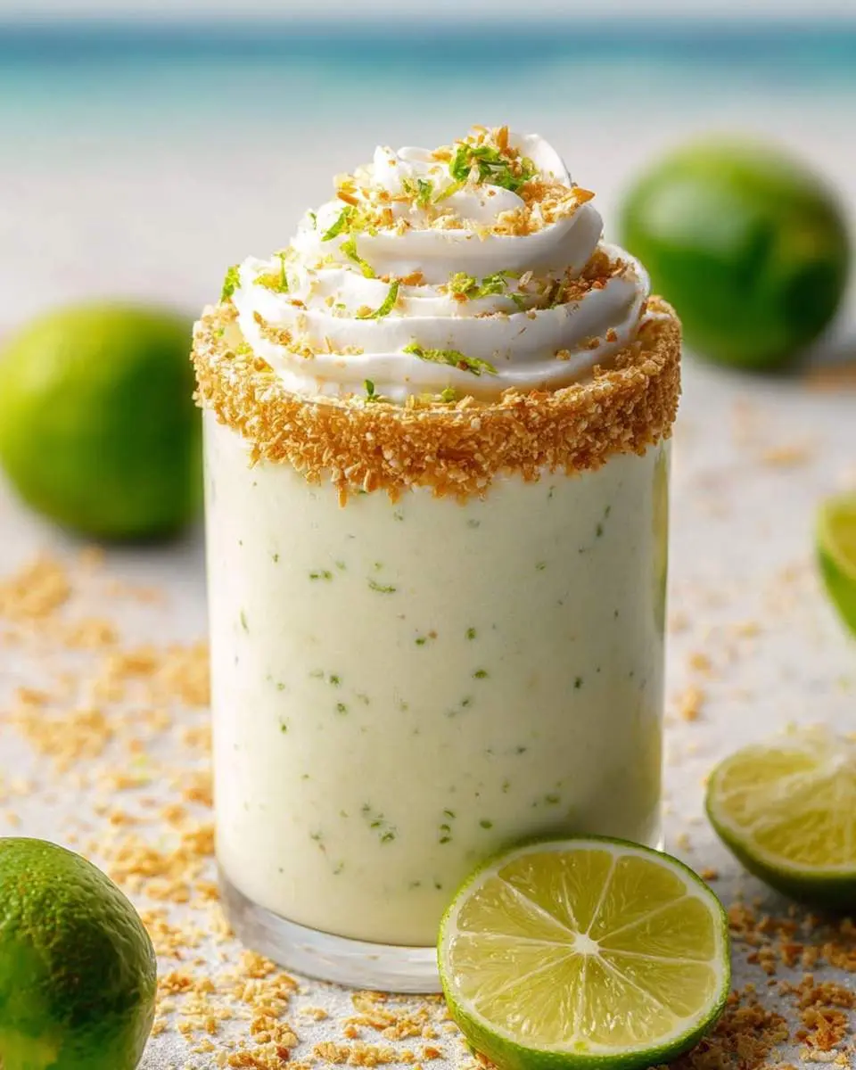A creamy Coconut Key Lime Pie Smoothie topped with whipped cream, lime zest, and toasted coconut, with fresh limes nearby.