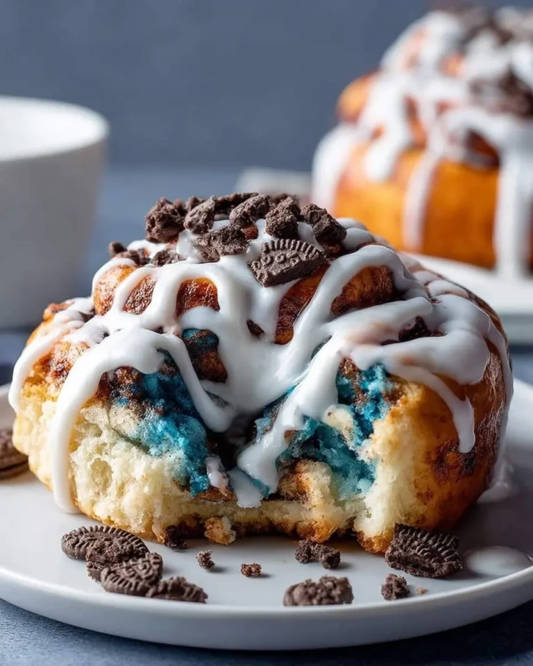 A close-up of a partially eaten Cookie Monster Cinnamon Roll, revealing its vibrant blue interior, topped with white icing and crushed Oreo cookies.
