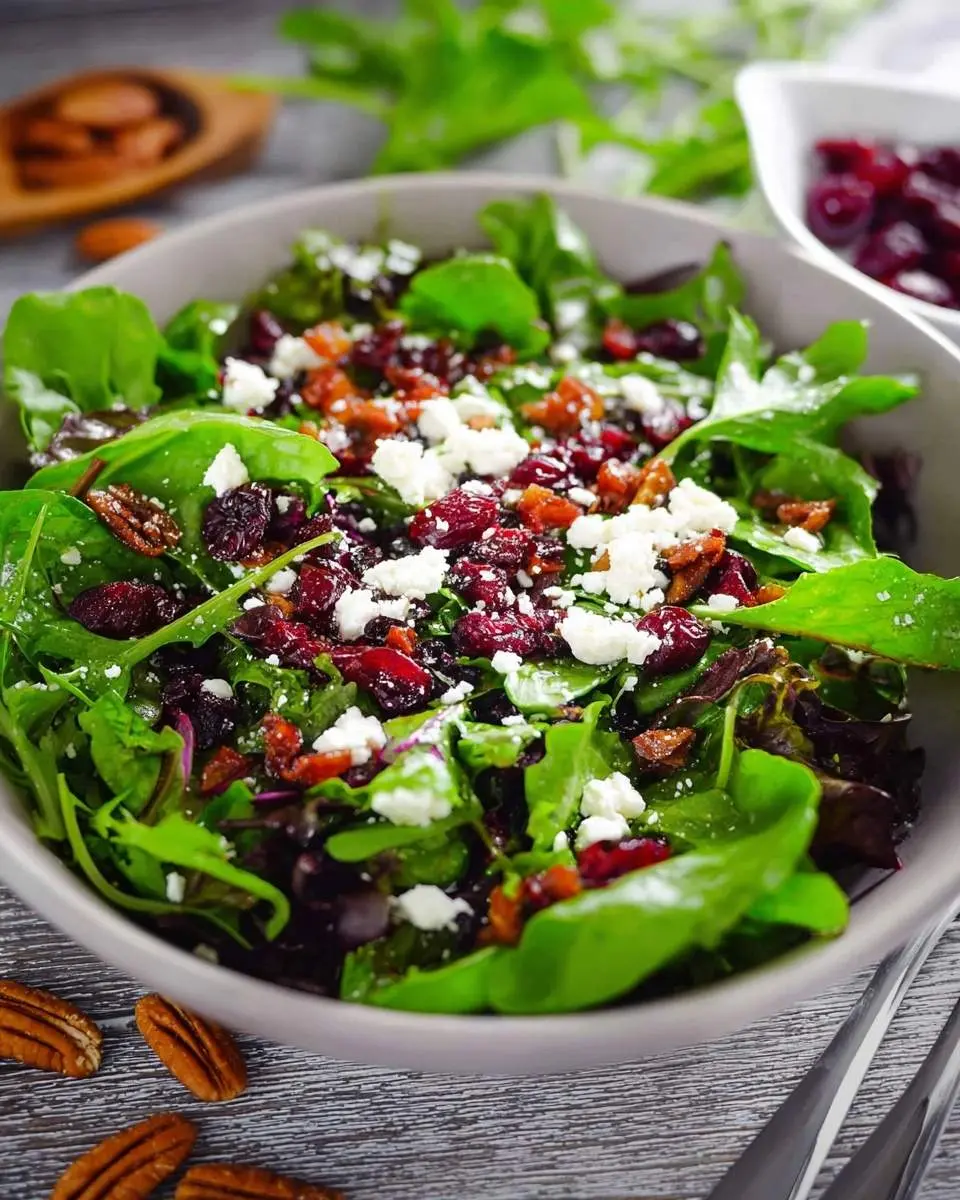 A close-up view of a fresh Cranberry & Goat Cheese Salad in a grey bowl, garnished with pecans on a wooden table.