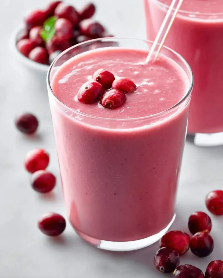 A vibrant pink cranberry smoothie in a glass with fresh cranberries floating on top and scattered around, with a bowl of cranberries in the background.