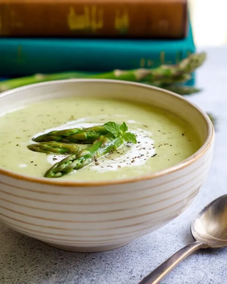 A vibrant green bowl of Cream of Asparagus Soup, garnished with cooked asparagus spears, a swirl of cream, and fresh mint.