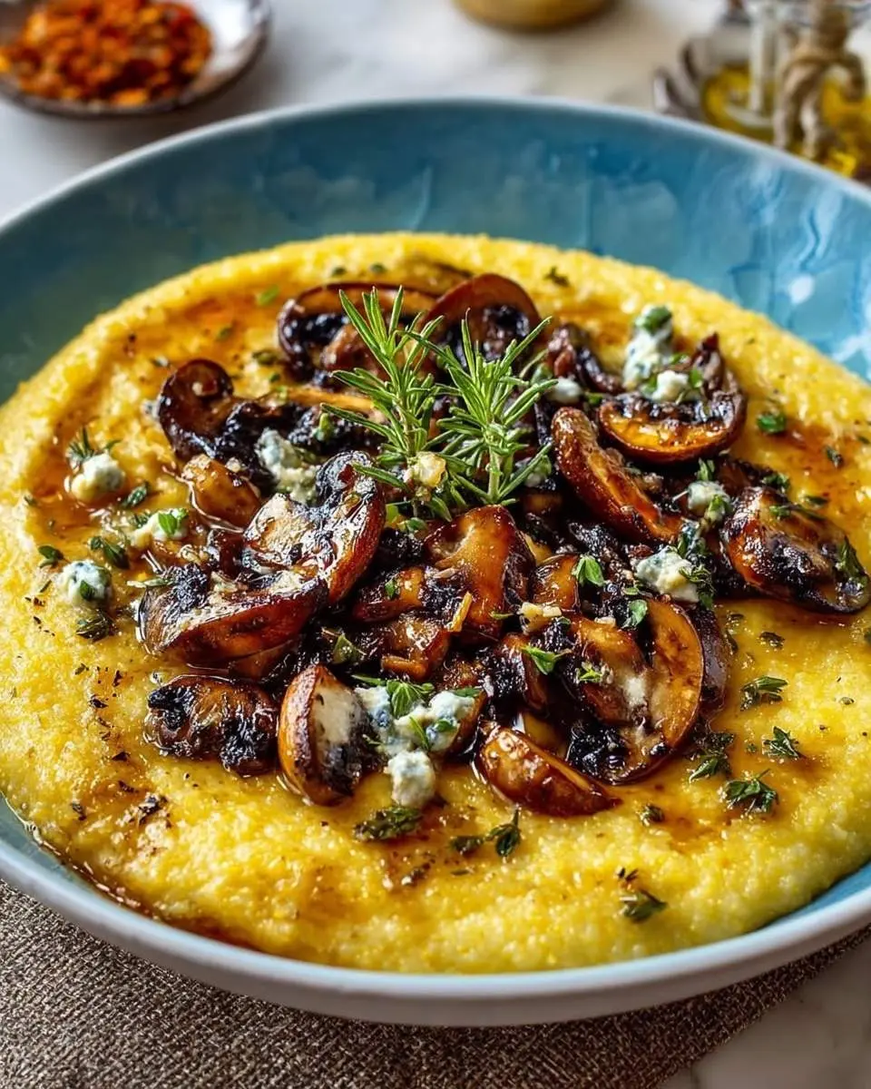 A close-up of a blue bowl filled with creamy garlic polenta topped with savory mushrooms, fresh rosemary, thyme, and blue cheese crumbles.