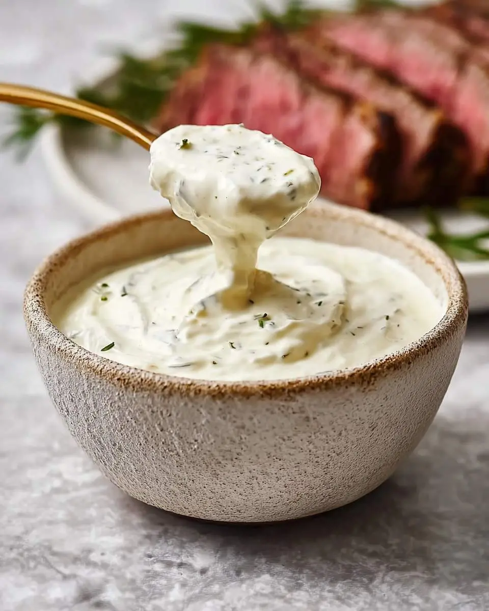 A golden spoon lifts a dollop of creamy horseradish sauce from a rustic bowl, with perfectly cooked sliced steak in the background.