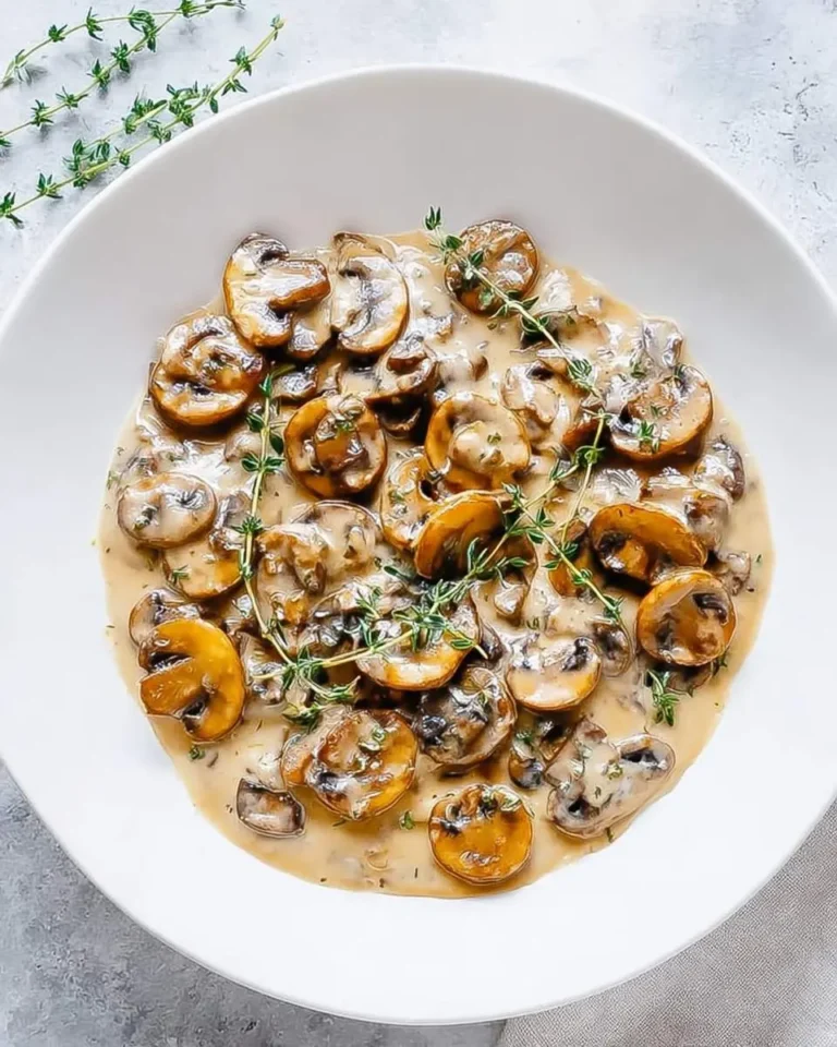 A white bowl brimming with a savory creamy mushroom sauce, elegantly garnished with fresh thyme sprigs on a textured background.