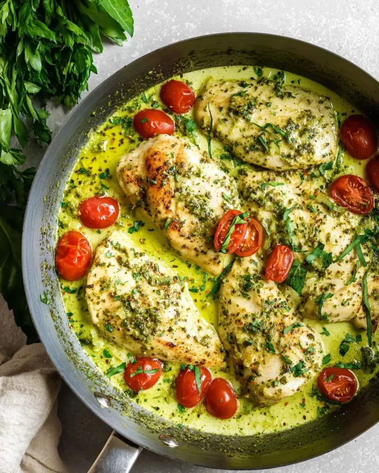 A close-up of a Creamy Pesto Chicken Skillet featuring tender chicken breasts, whole and halved cherry tomatoes, and fresh herbs.