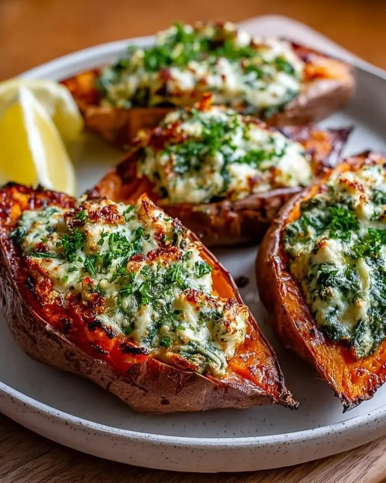 A white plate holds several golden-orange Creamy Ricotta & Spinach Stuffed Sweet Potatoes, garnished with fresh herbs and lemon wedges.
