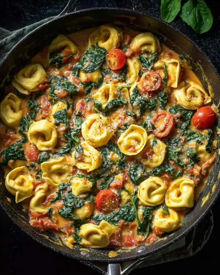 A delicious skillet of creamy spinach tomato tortellini, mixed with bright green spinach and halved cherry tomatoes.