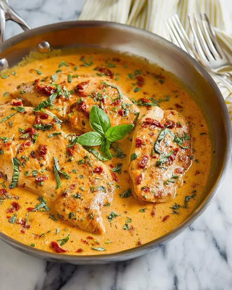 Skillet of Creamy Sun Dried Chicken in a rich orange sauce, garnished with fresh basil and chopped sun-dried tomatoes.