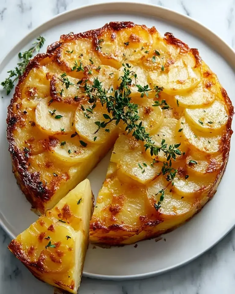 A golden-brown Crispy Balsamic Thyme Potato Torte on a white plate with a slice removed, garnished with fresh thyme.