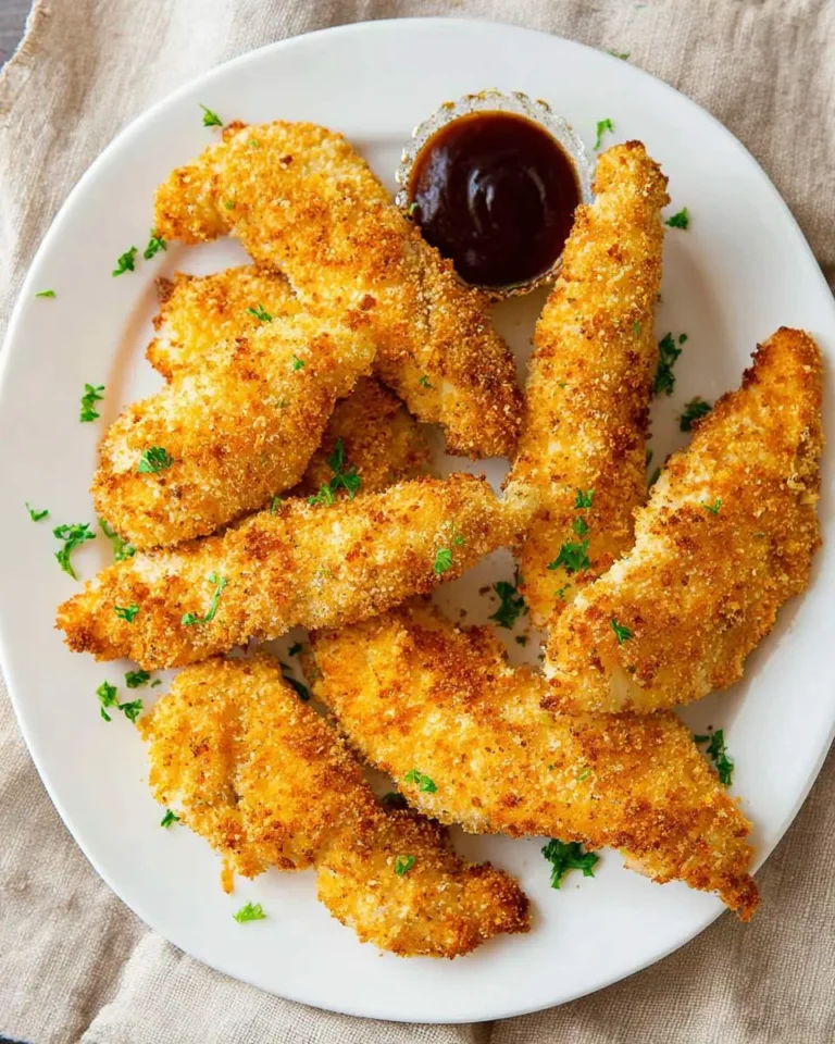 A white plate filled with golden, herb-garnished Crispy Oven Chicken Tenders and a side of BBQ dipping sauce.