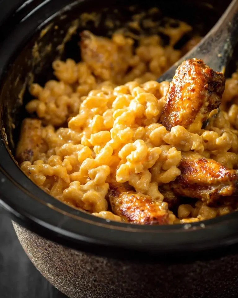 A close-up of cheesy macaroni and cheese with crispy crock pot chicken wings, being served from a dark crock pot.