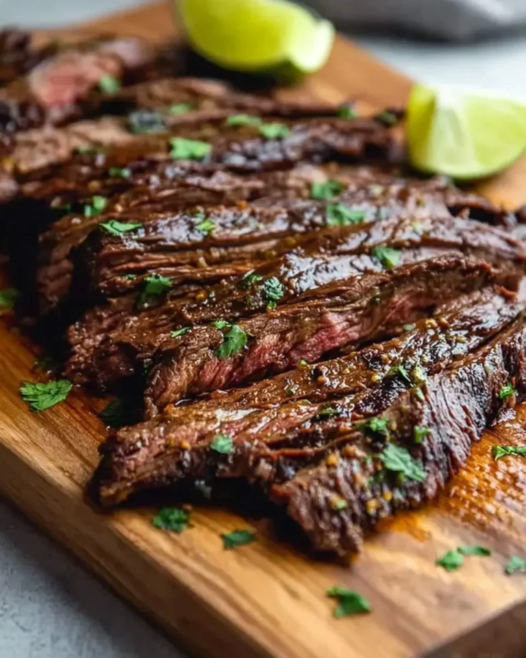 Sliced Crockpot Skirt Steak, marinated and garnished with fresh cilantro, served on a wooden cutting board with lime wedges.