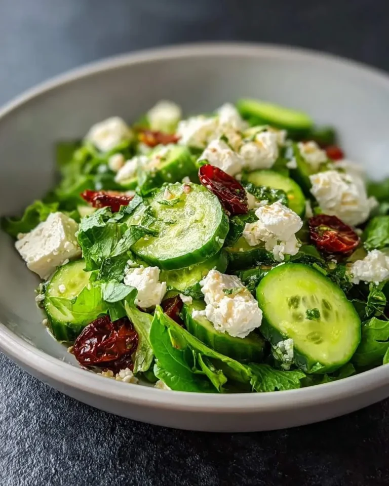 A fresh Cucumber Goat Cheese Salad in a white bowl, featuring sliced cucumbers, crumbled white cheese, sun-dried tomatoes, and green herbs.