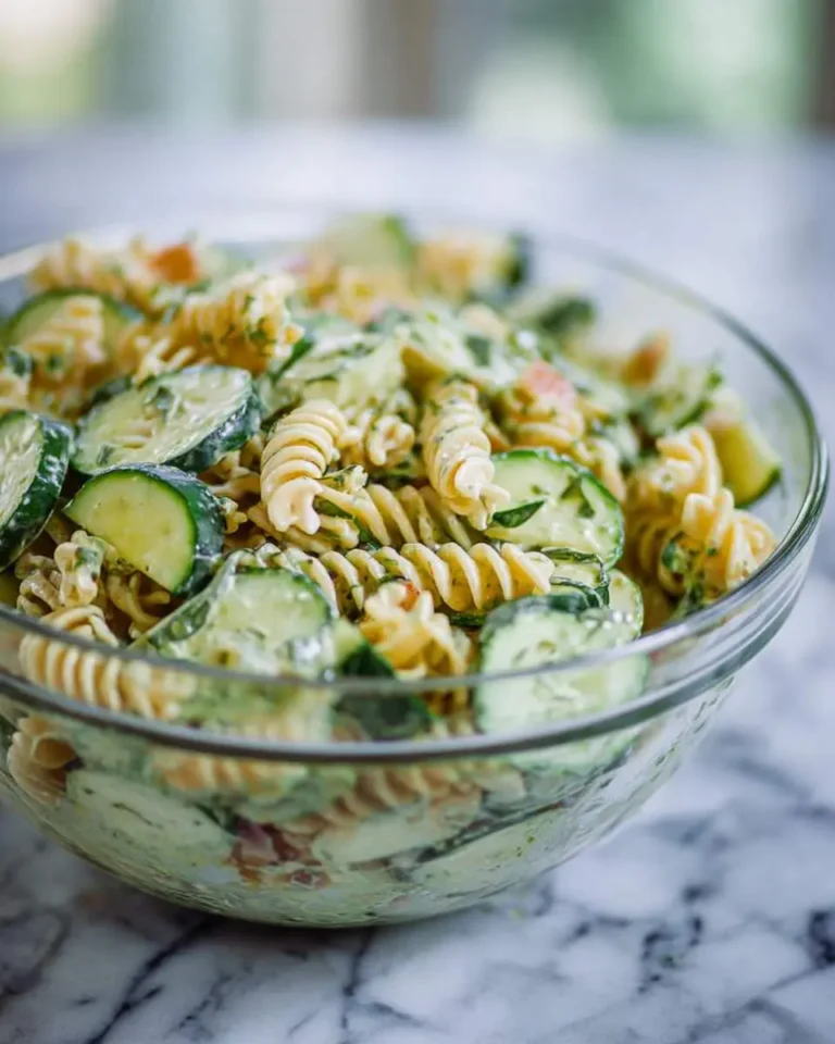 A vibrant Cucumber Pasta Salad with spiral fusilli and fresh cucumber slices in a creamy green dressing, served in a glass bowl.