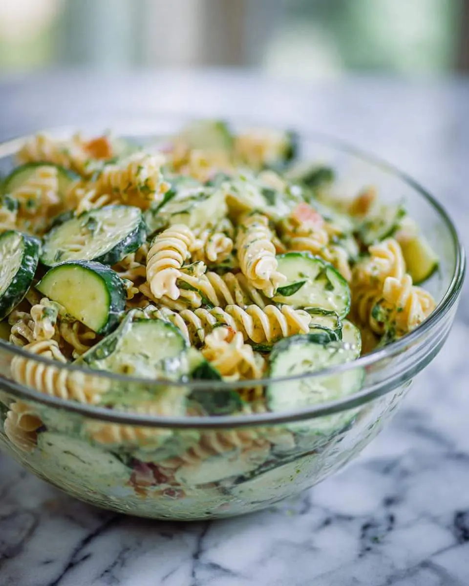 A vibrant Cucumber Pasta Salad with spiral fusilli and fresh cucumber slices in a creamy green dressing, served in a glass bowl.